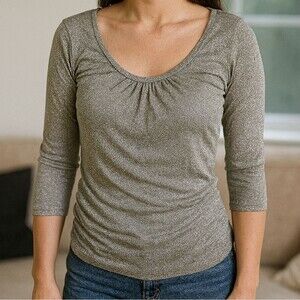 Y2K Metallic Gray Ruched Glitter Top S Scoop Neck 3/4 Sleeve Babydoll Shimmery B